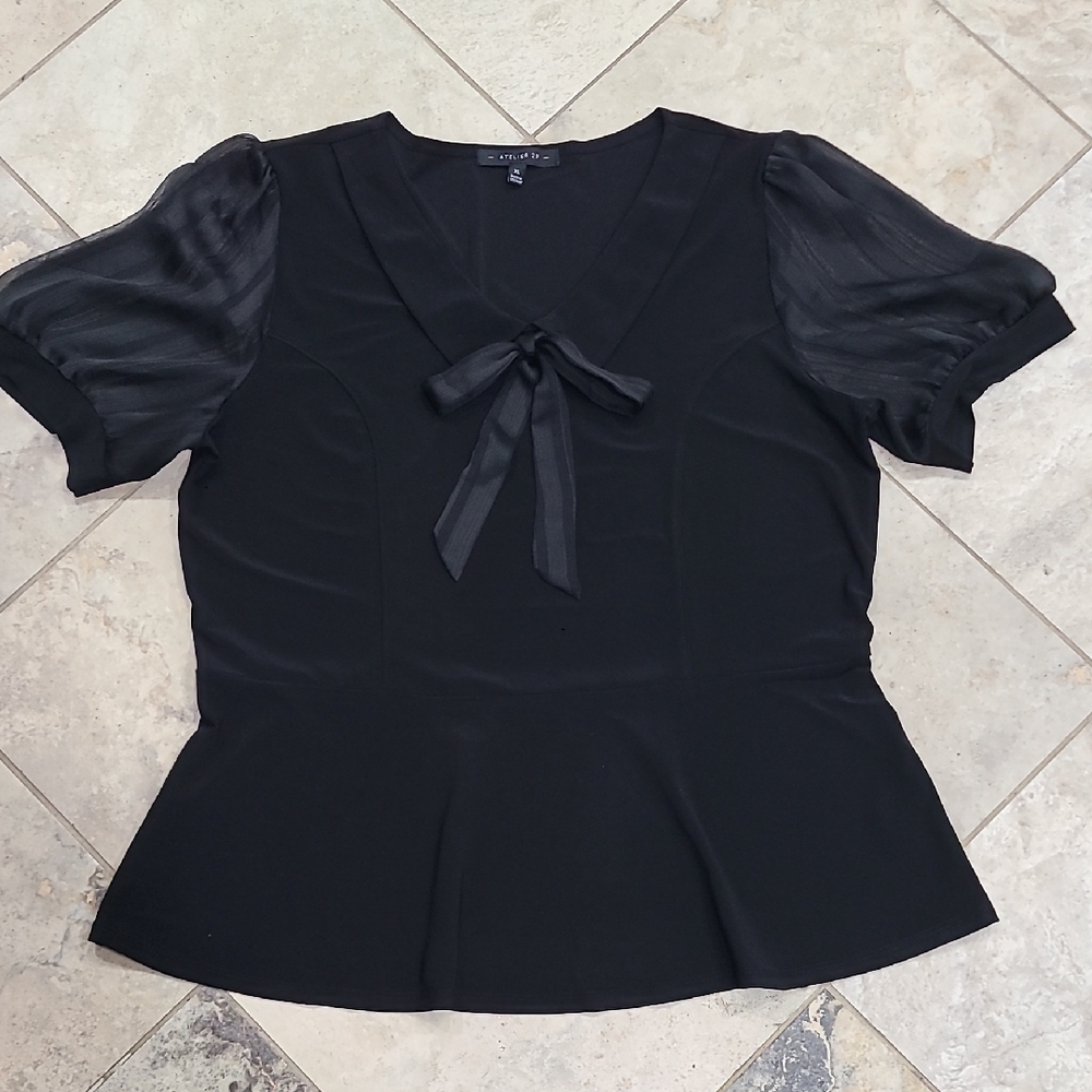 Atelier 29 Black Blouse with Sheer Puff Sleeves